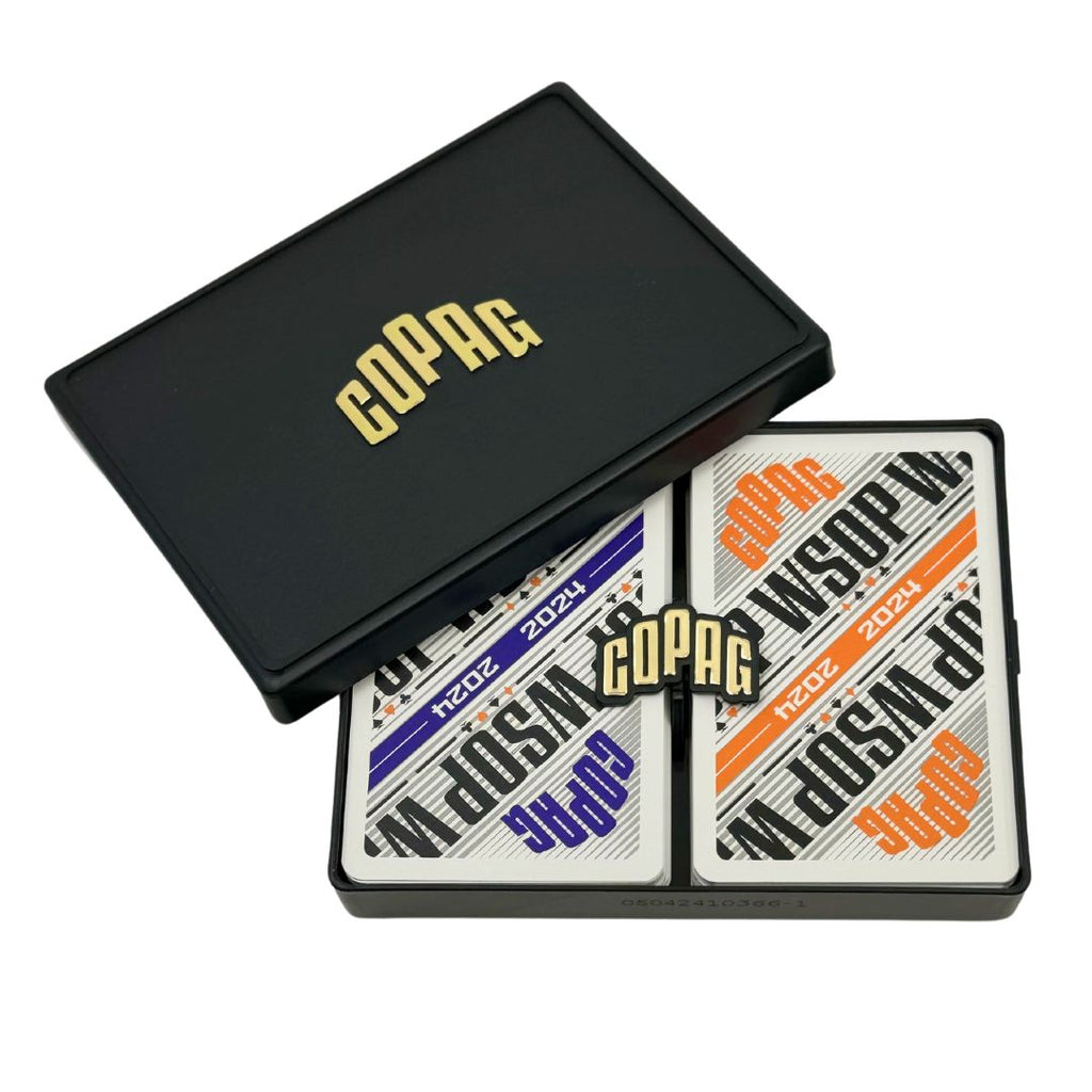 Copag WSOP 2024 Modern Design 100% Plastic Playing Cards - Narrow Size (Bridge) Regular Index Purple/Orange Double Deck Set